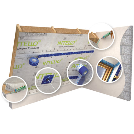 Pro Clima INTELLO intelligens páraszabályozó fólia változó sd-értékű okos membrán a belső oldali légzáráshoz és a hőszigetelés maximális védelméhez.