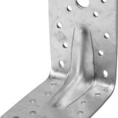 Megerősített sarokvas bordás merevítéssel: tűzihorganyzott, nagy teherbírású acél összekötő elem fagerendák és tartószerkezetek stabil, derékszögű rögzítéséhez.