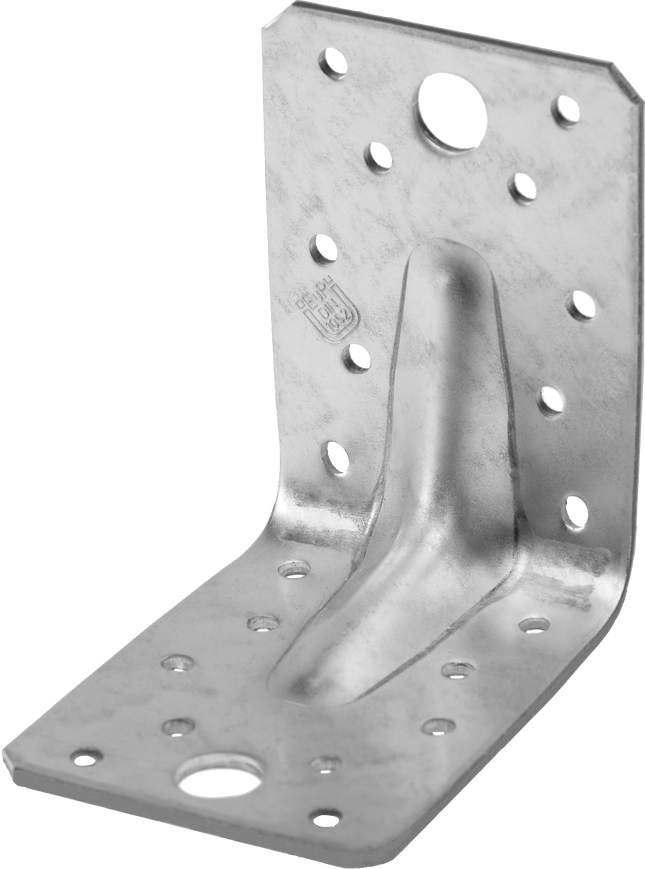 Megerősített sarokvas bordás merevítéssel: tűzihorganyzott, nagy teherbírású acél összekötő elem fagerendák és tartószerkezetek stabil, derékszögű rögzítéséhez.