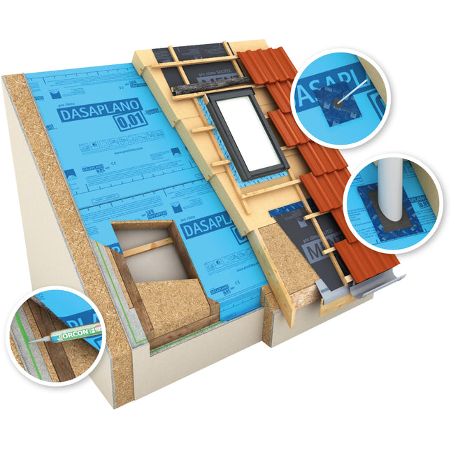 Pro Clima DASAPLANO 0,01 intelligens légzáró membrán tetőfelújításhoz: 0,01 m-es fix sd-értékű, extrém páraáteresztő fólia a szarufák feletti biztonságos és energetikailag hatékony légzáráshoz.