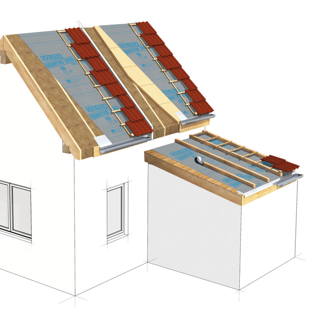 Pro Clima SOLITEX QUANTHO extrém robusztus tetőfólia alacsony hajlásszögű tetőkhöz: páraáteresztő, mégis fokozottan vízzáró alátéthéjazat integrált ragasztócsíkokkal a maximális beázás elleni védelemért.
