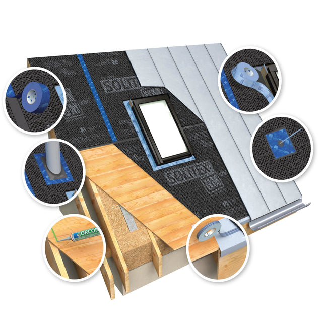 "Pro Clima SOLITEX UM connect 3D térhálós alátétszőnyeg fémlemezfedésekhez: páraáteresztő és vízzáró tetőfólia dombornyomott struktúrával a korcolt lemezfedések alatti átszellőzésért és zajcsökkentésért.