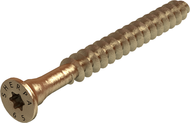 SHERPA Special Screw 6x65 mm: speciális horganyzott facsavar SHERPA alumínium vasalatok statikailag hitelesített rögzítéséhez.