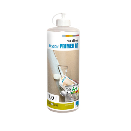 Pro Clima TESCON PRIMER RP 1 literes alapozó: oldószermentes felületszilárdító ásványi és fa aljzatokhoz a légzáró szalagok biztos rögzítéséért.